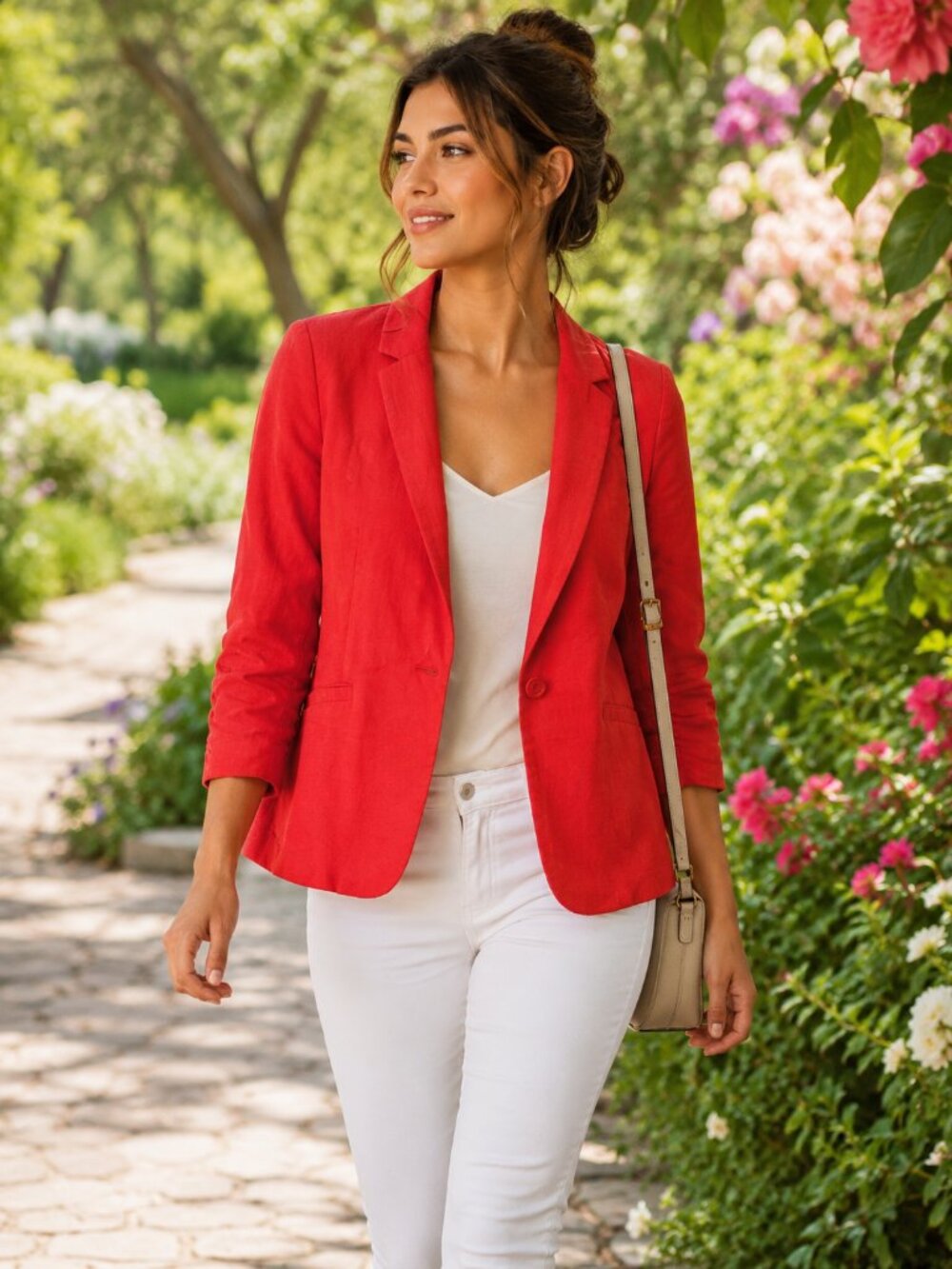 Jules & Leopold Linen-Blend 3/4 Sleeves Blazer - Coral red. Small